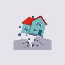 House positioned over the top of the ground split open portraying an extreme earthquake has occurred. 